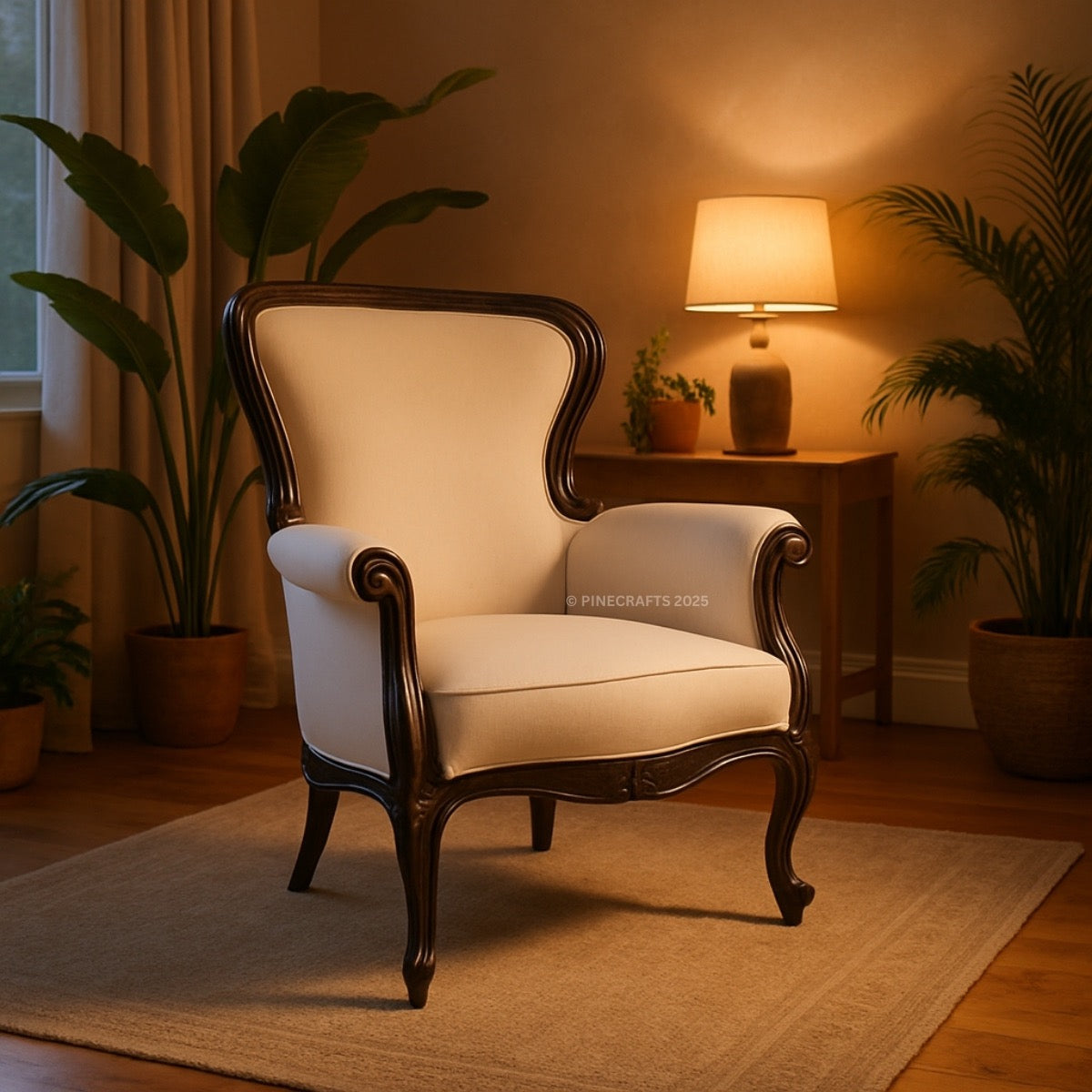 Decorative armchair in a warmly lit room with plants and a lamp.